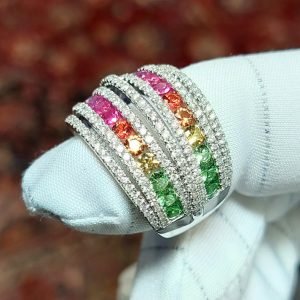 Diamantring 0,94 ct. mit Saphir 2,01 ct. bunt Regenbogen