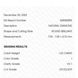 Brillant 1,23 ct. IGI Zertifikat Einkaräter plus