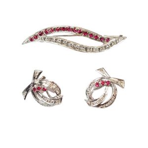 Set Brosche Diamanten Rubin Weissgold