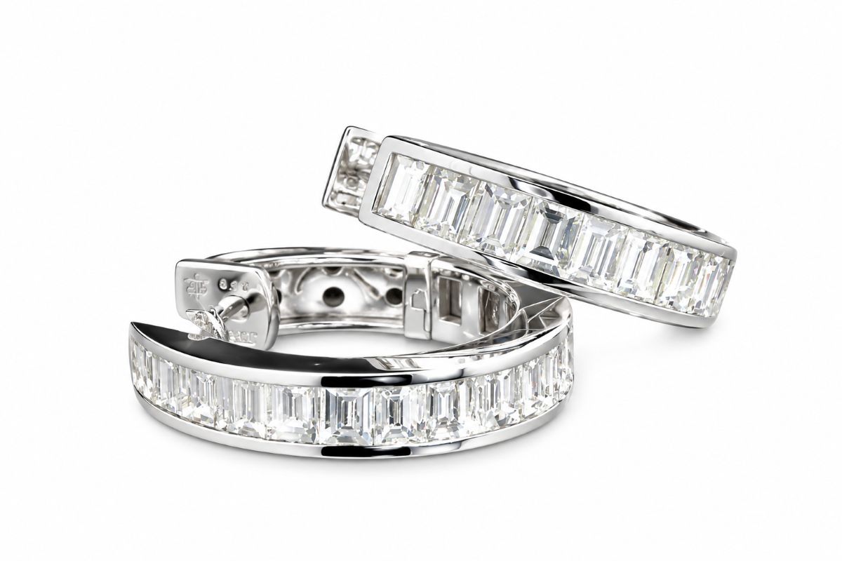 Diamant Ohrringe, Diamant Creolen, Baguette Creolen, Weissgold, Gold, 750, 18K