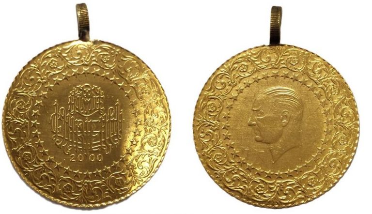 Dunkel Blaue Kristalperlen-Kette mit Goldmünze Cumhuriyet Altin Münze 22k Lira, Piaster