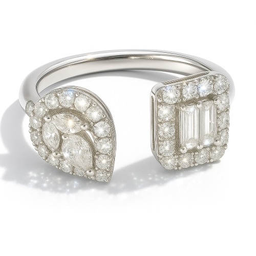 Ring Doppelkopf Fancy offen Brillant Baguette Marquise Navette 18K Weissgold