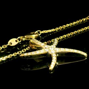 Diamant Anhänger, Seestern, Kette, Gelbgold, 18K