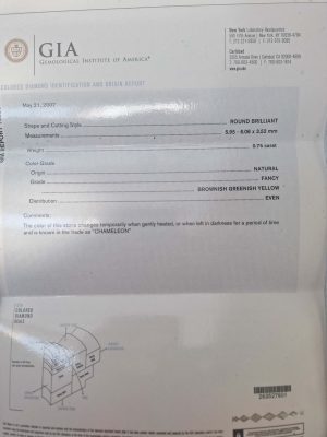 075 ct round brilliant natural fancy greenisch yellow GIA Report Seite 1