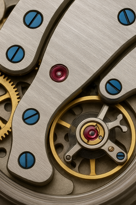 Genfer Schliff und blaue Schrauben