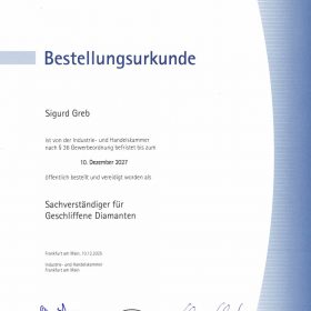 Bestellungsurkunde IHK Frankfurt Öffentlich bestellter und vereidigter Sachverständiger für geschliffene Diamanten