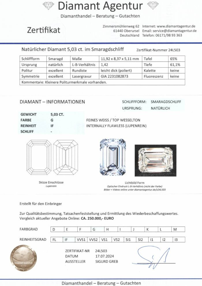 Wertgutachten Loser Diamant 5 ct. Emerald Beispiel2