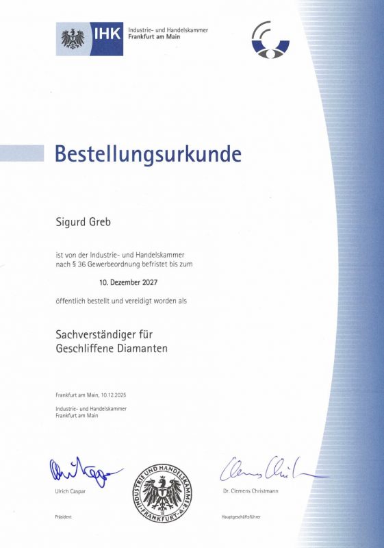 Bestellungsurkunde öffentlich bestellter und vereidigter Sachverständiger