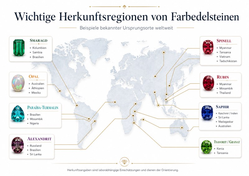 Rubin Saphir Smaragd und Weltkarte als Symbol für Herkunftsbestimmung