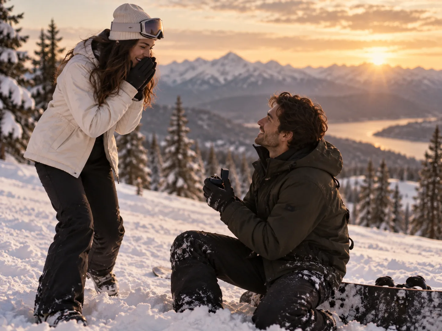 Heiratsantrag beim Snowboarden auf einer verschneiten Skipiste