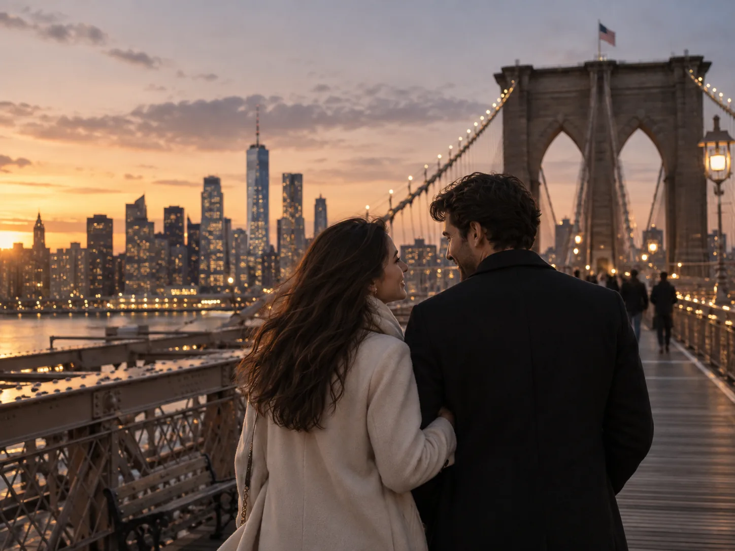 Paar auf der Brooklyn Bridge in New York vor einem besonderen Heiratsantrag