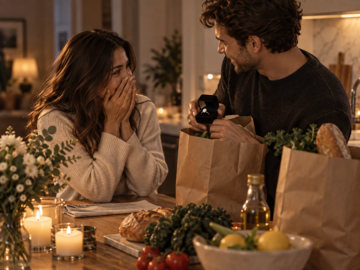 Spontaner Heiratsantrag mit einem Verlobungsring aus einer Einkaufstüte