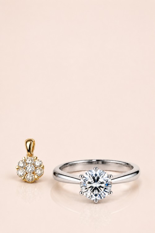 Diamantring und Diamantschmuck auf hellem Hintergrund