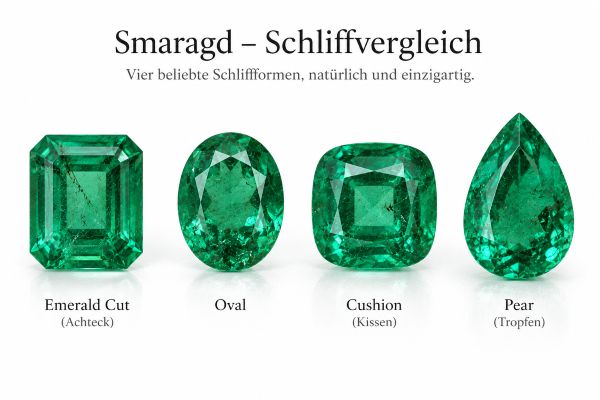 Smaragde in verschiedenen Schliffformen wie Emerald Cut Oval Cushion und Pear